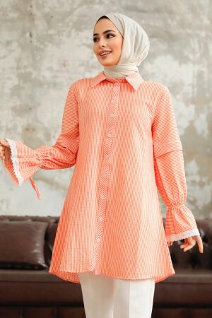 Neva Style - Çizgili Turuncu Tesettür Gömlek 11251T - 2