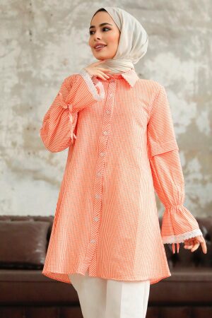 Neva Style - Çizgili Turuncu Tesettür Gömlek 11251T - 1