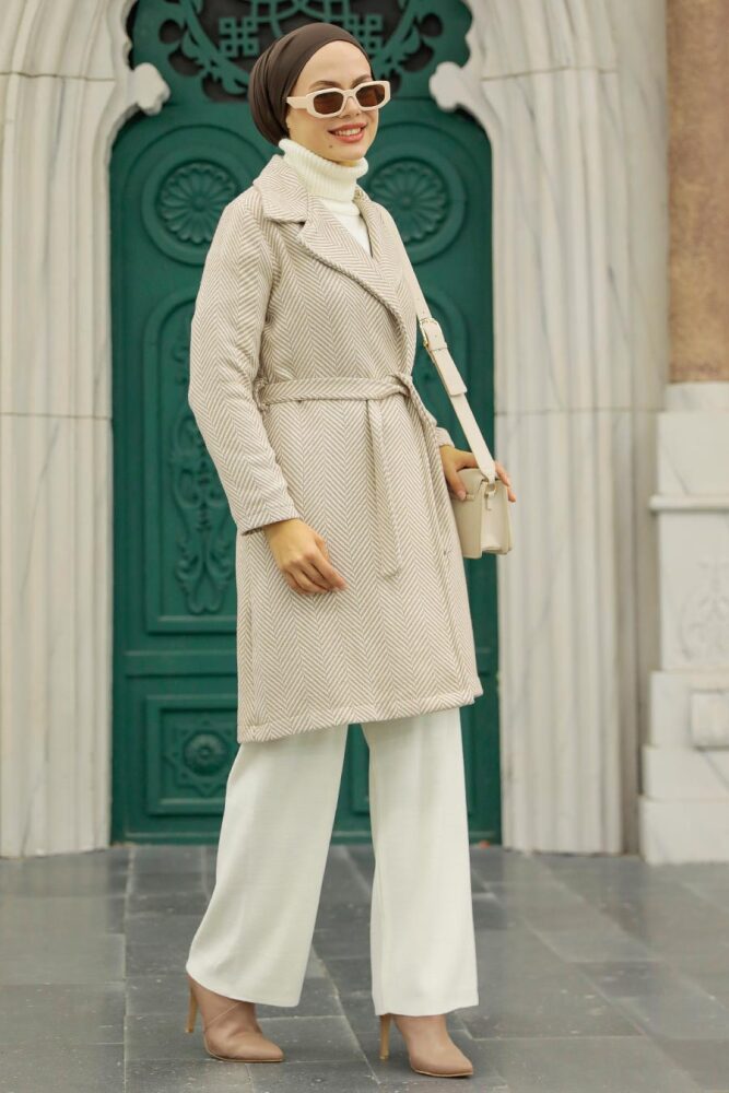 Neva Style - Çizgili Vizon Tesettür Kaşe Kap 5825V - 1