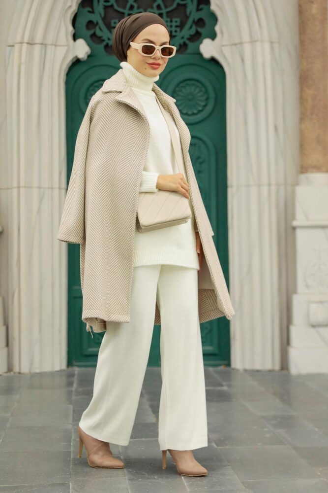 Neva Style - Çizgili Vizon Tesettür Kaşe Kap 5825V - 5