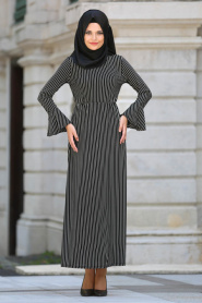 Neva Style - Çizgili Volan Kol Siyah Tesettür Elbise 50372S - Thumbnail