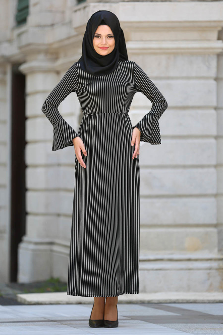 Neva Style - Çizgili Volan Kol Siyah Tesettür Elbise 50372S