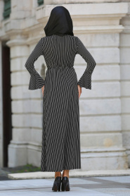 Neva Style - Çizgili Volan Kol Siyah Tesettür Elbise 50372S - Thumbnail