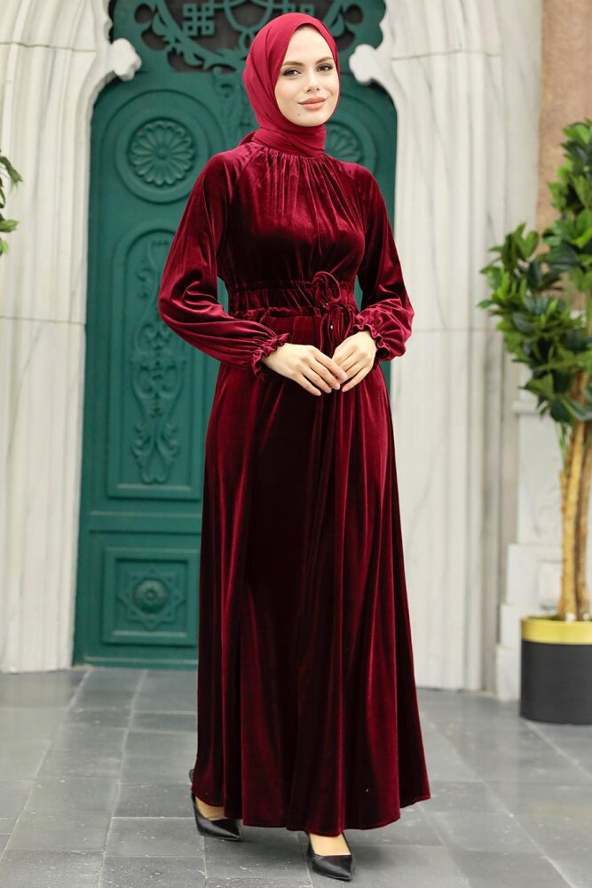 Clareet Red Velvet Long Dress for Muslim Ladies 36921BR - 1