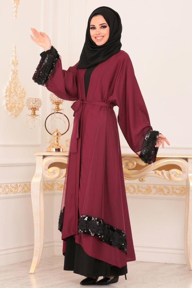 Pul Payetli Bordo Tesettür Abaya 8923BR - 1