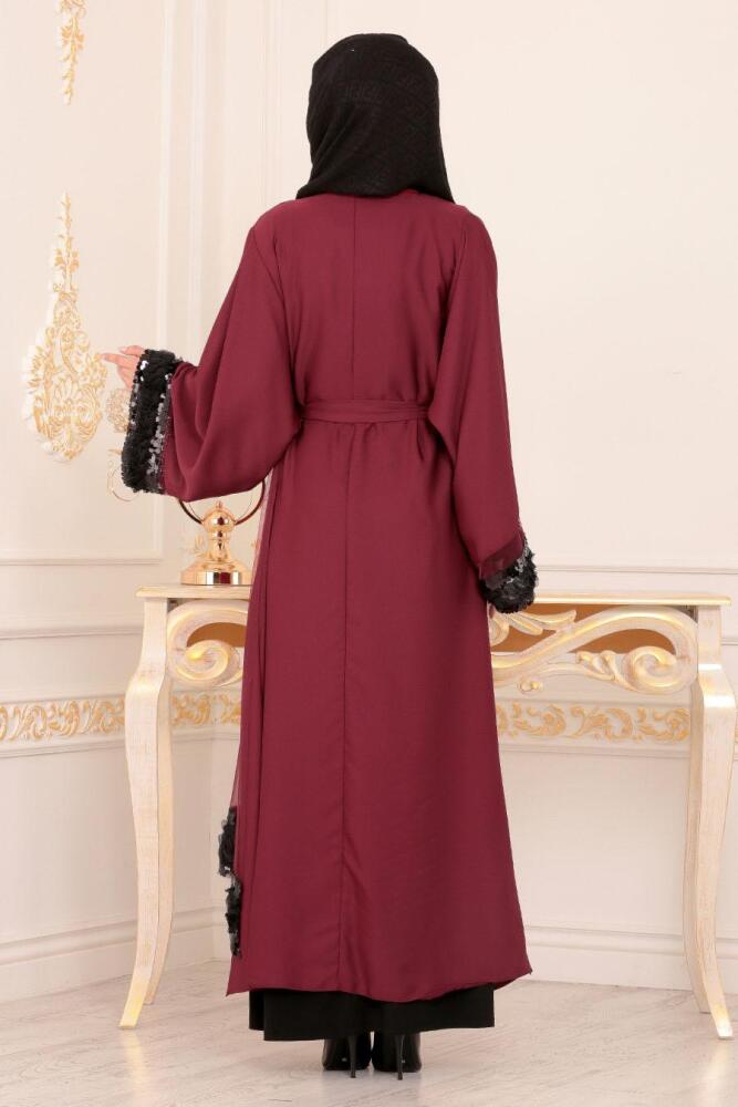 Pul Payetli Bordo Tesettür Abaya 8923BR - 2