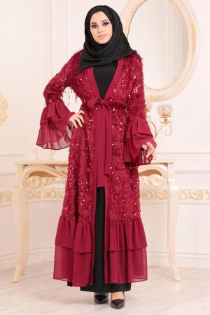 Püsküllü Bordo Tesettür Abaya 9518BR - 1