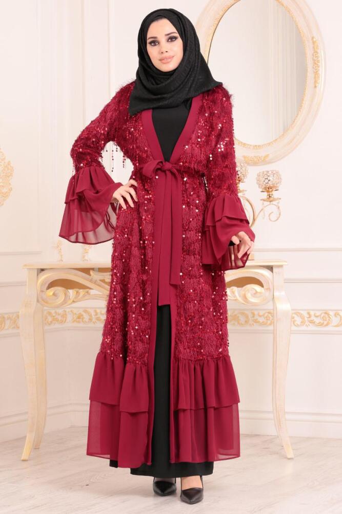 Püsküllü Bordo Tesettür Abaya 9518BR - 1
