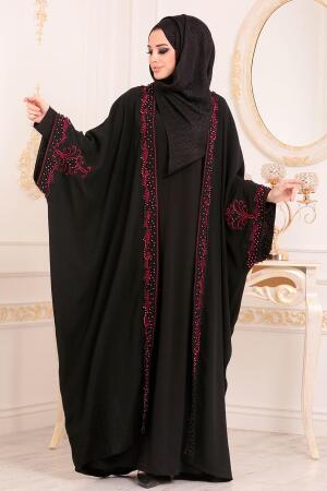 Boncuk Detaylı Bordo Tesettür Abaya 9593BR - 1