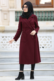 Neva Style - Claret Red Hijab Coat 18620BR - Thumbnail