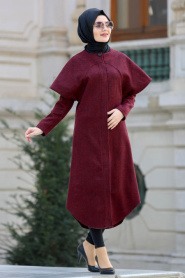 Neva Style - Claret Red Hijab Coat 21730BR - Thumbnail