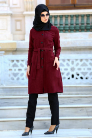 Neva Style - Claret Red Hijab Coat 2187BR - Thumbnail