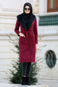 Neva Style - Claret Red Hijab Coat 22340BR - Thumbnail