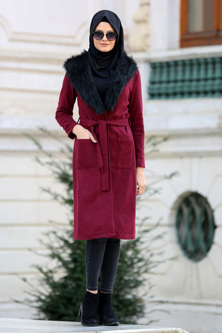 Neva Style - Claret Red Hijab Coat 22340BR