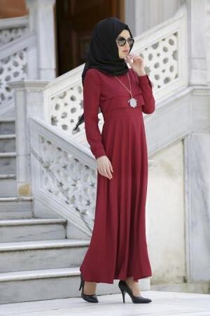 Neva Style - Claret Red Hijab Dress 3988BR - 2