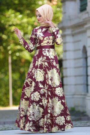 Jakarlı Bordo Tesettür Abiye Elbise 24496BR - 1