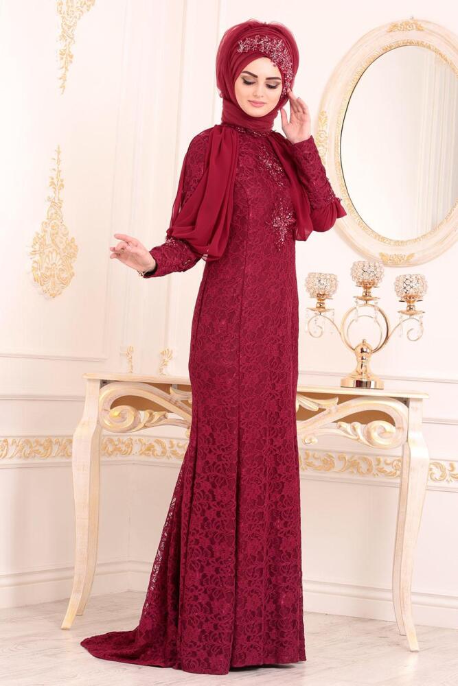 Pul Detaylı Dantelli Bordo Tesettürlü Abiye Elbise 31281BR - 3