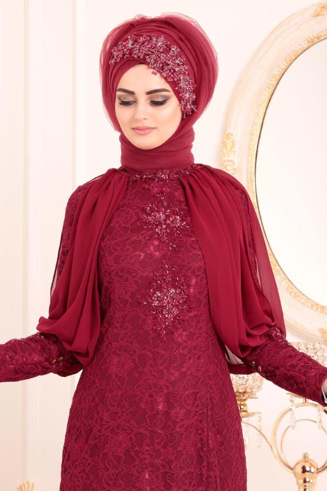 Pul Detaylı Dantelli Bordo Tesettürlü Abiye Elbise 31281BR - 2