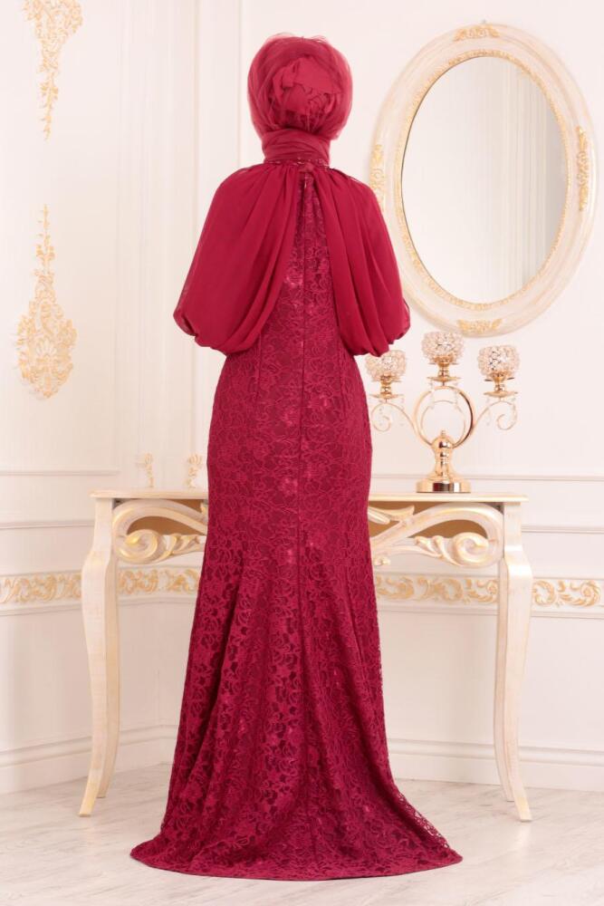 Pul Detaylı Dantelli Bordo Tesettürlü Abiye Elbise 31281BR - 4