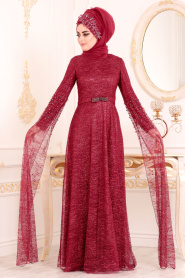 Simli Bordo Renk Tesettür Abiye Elbise 3247BR - Thumbnail