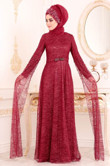 Simli Bordo Renk Tesettür Abiye Elbise 3247BR