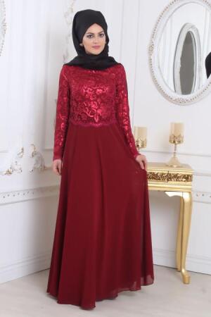 Bordo Tesettür Abiye Elbise 7943BR - 1