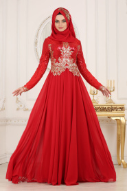 Üzeri Pul Payetli Kırmızı Tesettür Abiye Elbise 7973K - Thumbnail