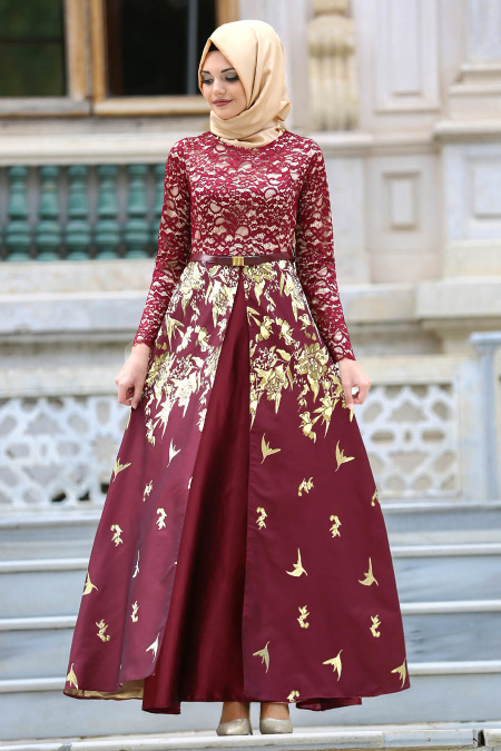 Neva Style - Long Claret Red Islamic Dress 82443BR