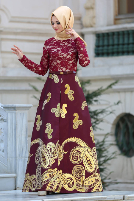 Neva Style - Long Claret Red Islamic Dress 82447BR