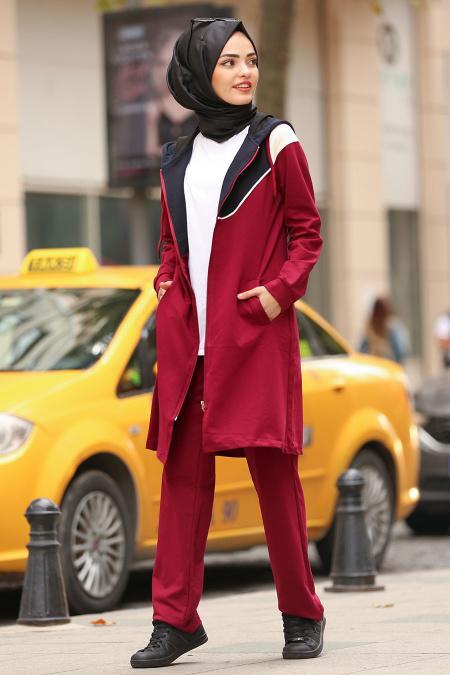 Kapşonlu Fermuarlı Bordo Tesettür Spor Takım 8196BR - 2
