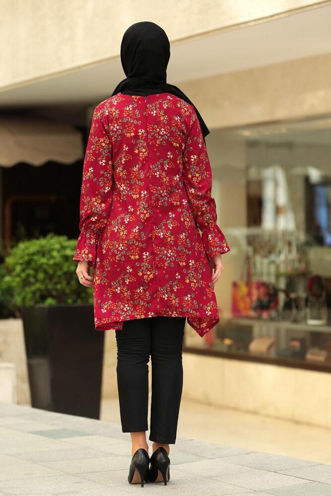 Çiçek Desenli Bordo Tesettür Tunik 1120BR - 2