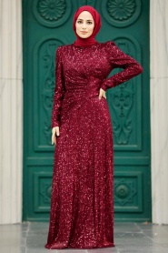Neva Style - Claret Red Muslim Long Sleeve Dress 39471BR - Thumbnail