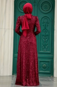 Neva Style - Claret Red Muslim Long Sleeve Dress 39471BR - Thumbnail