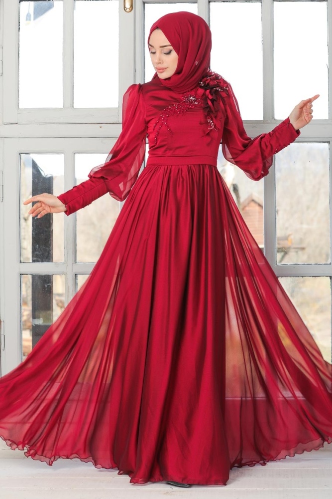 Neva Style - Claret Red Turkish Hijab Evening Gown 21960BR - 1