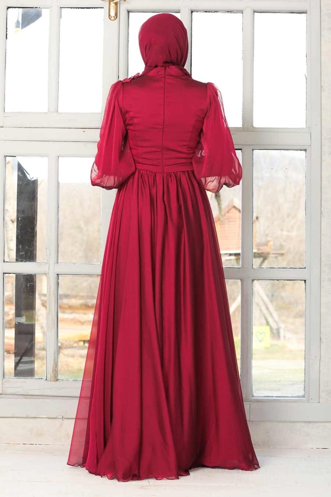 Neva Style - Claret Red Turkish Hijab Evening Gown 21960BR - 4