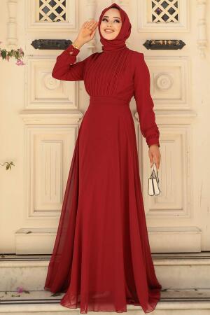 Neva Style - Claret Red Turkish Hijab Evening Gown 3371BR - 1