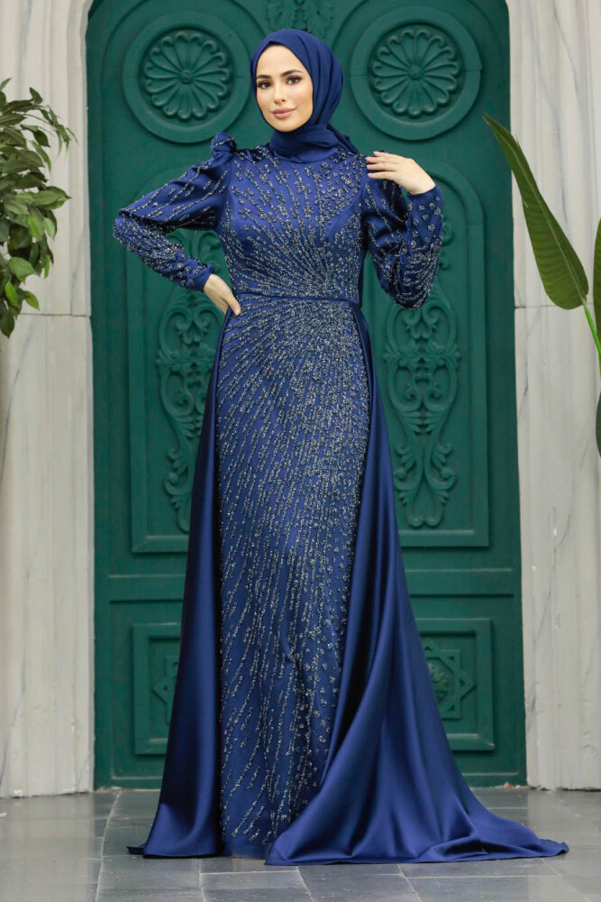 Neva Style - Modern Navy Blue Modest Islamic Clothing Wedding Dress 23310L - 3