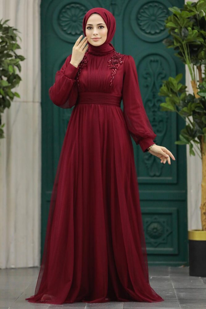 Claret Red Turkish Modest Wedding Dress 22070BR - 1