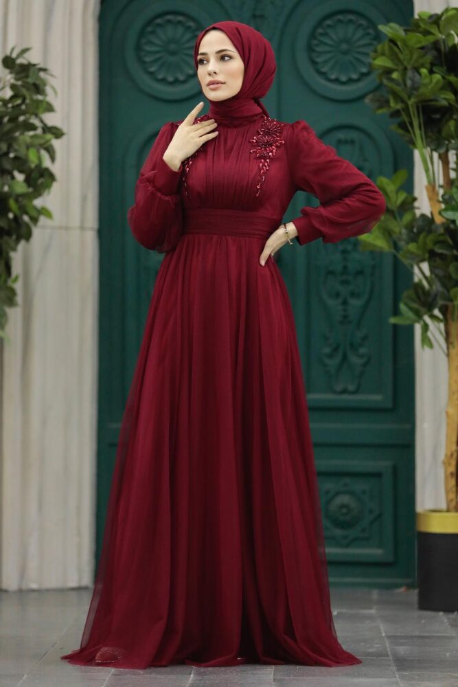 Claret Red Turkish Modest Wedding Dress 22070BR - 2