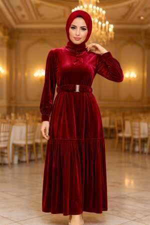 Claret Red Velvet Hijab Dress 36971BR - 1