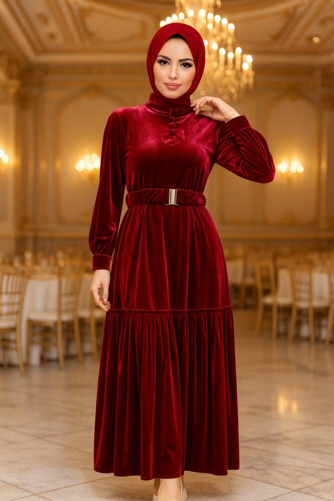 Claret Red Velvet Hijab Dress 36971BR - 1