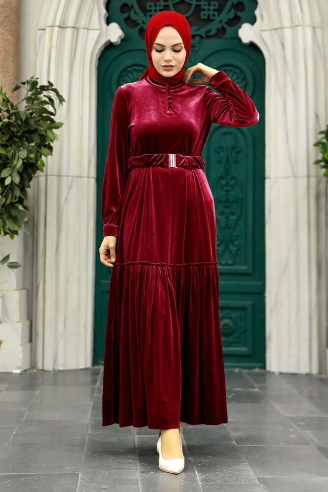 Claret Red Velvet Hijab Dress 36971BR - 1