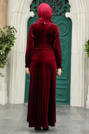 Claret Red Velvet Hijab Dress 36971BR - 2