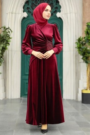 Neva Style - Claret Red Velvet Long Dress 3845BR - Thumbnail