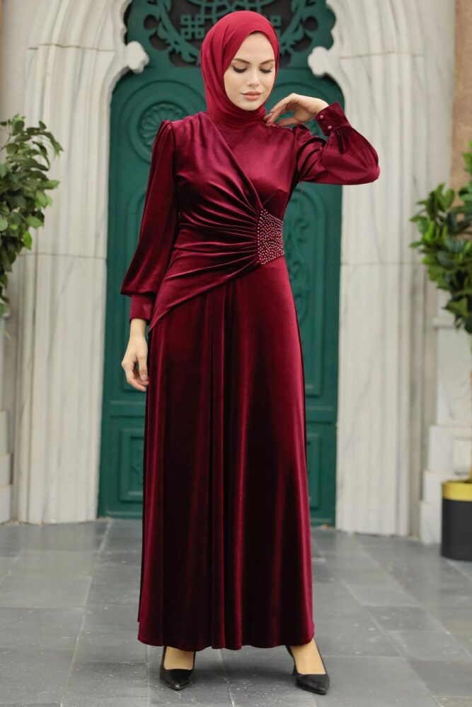 Claret Red Velvet Long Dress 3845BR - 3