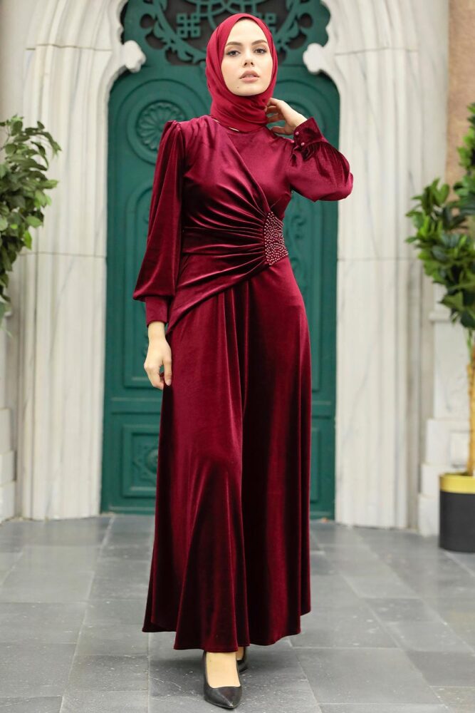 Claret Red Velvet Long Dress 3845BR - 2
