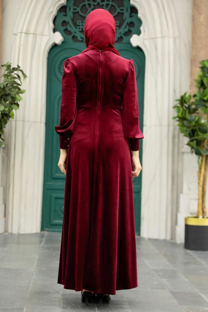 Claret Red Velvet Long Dress 3845BR - 4