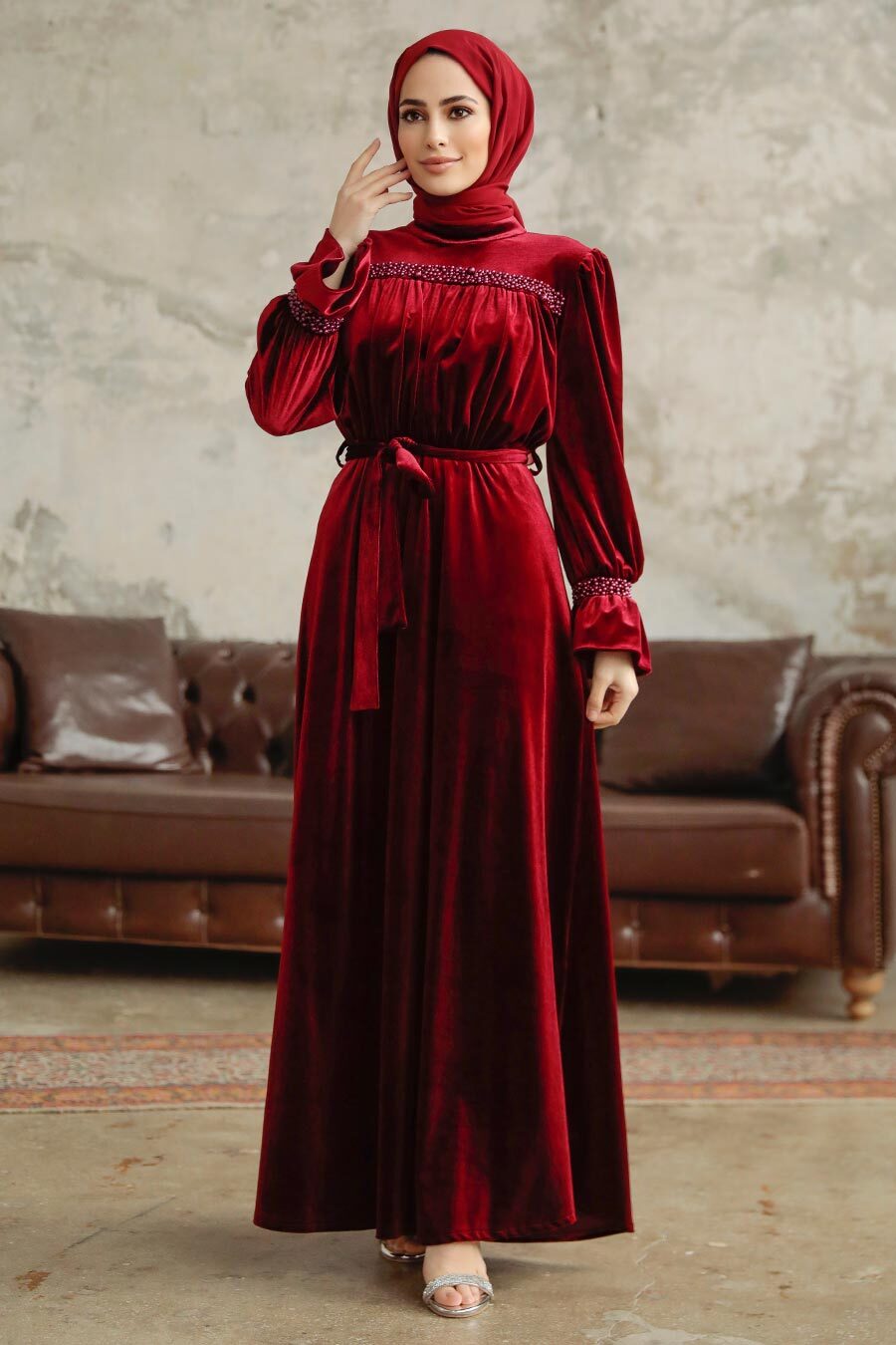 Neva Style - Claret Red Velvet Long Dress for Muslim Ladies 37291BR