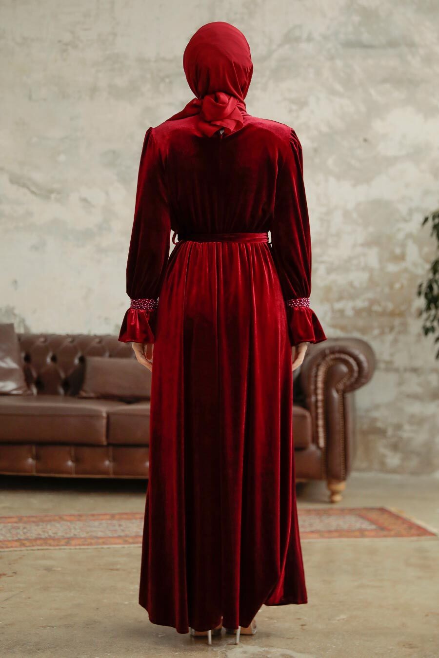 Neva Style - Claret Red Velvet Long Dress for Muslim Ladies 37291BR