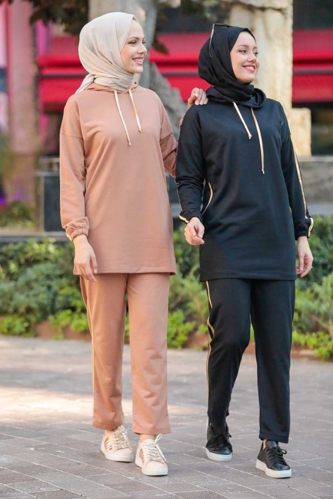 Neva Style - Combinaison Double Hijab Camel à Capuche 1558C - 4